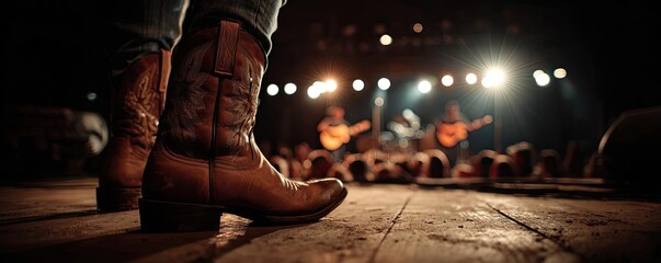 Live country music festival with cowboys in boots concept. A close-up of cowboy boots at a lively music concert.