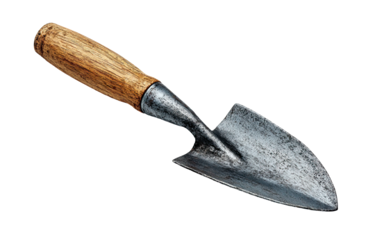 Small garden trowel, wooden handle, aged steel