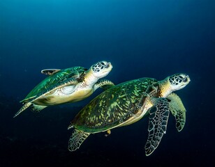 Two sea turtles swim gracefully in a deep, blue ocean