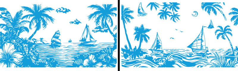 Palm Tree Beach Illustration, Tropical Island Vector, Ocean Wave Drawing, Summer Paradise Design, Hand Drawn Palm Artwork, Minimal Beach Line Art, Black and White Tropical Art, Travel Summer Illustrat