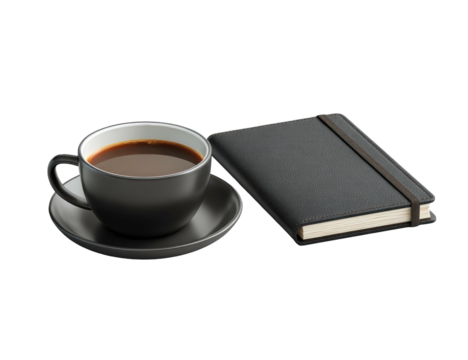 Coffee cup & notebook. Minimalist, dark palette. Isolated