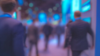 Fototapeta premium Abstract blur background of the Crowds move briskly through a high tech exhibition, surrounded by glowing digital displays reflect the rhythm of urban innovation.