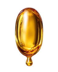 Golden, oval capsule with a drop on a black background