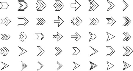 Set of black line arrow icons, geometric direction pointers and chevron shapes, modern vector outline collection for web interface navigation design.
