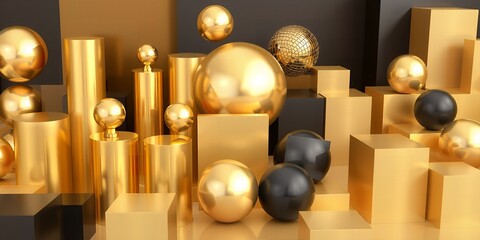 Collection of metallic geometric shapes including spheres and cylinders in gold and black