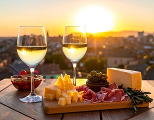 Two wine glasses with white wine sit beside a charcuterie board with olives, cheese, and meats, bathed in golden sunset light over a city
