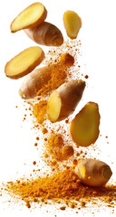 Ginger slices and powder levitate against a dark backdrop