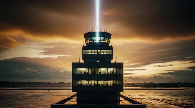 Airport control tower with light beam amidst dramatic sky transitions in seamless video