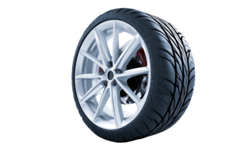 Tire on a silver rim with red brake calipers