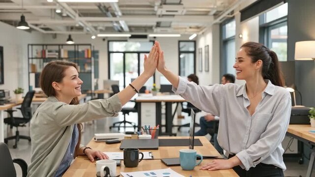 Two smiling young businesswomen giving each other a high five in a modern open office environment, celebrating success, teamwork, and professional achievement at work.