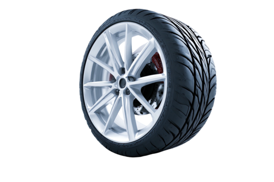 Tire on a silver rim with red brake calipers