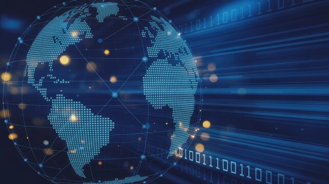 Global digital network with binary code overlay for innovative technology solutions and international data connectivity, perfect for business marketing