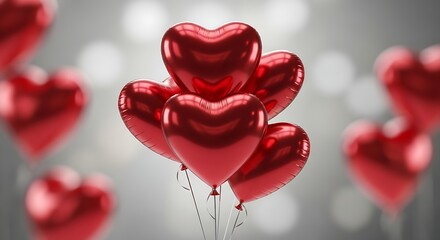 A Cluster of Red Heart-Shaped Balloons Floating Against a Bokeh Background.