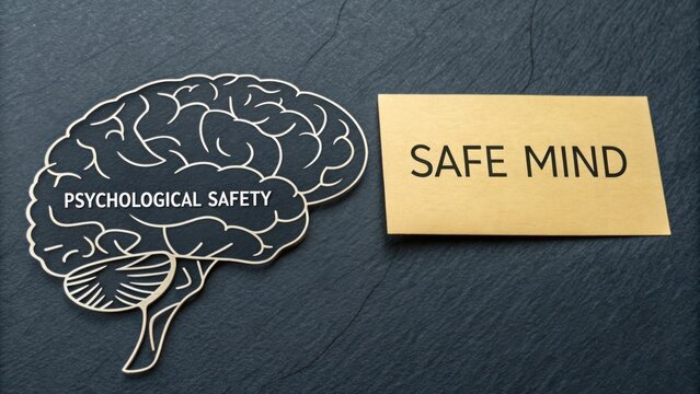 Concept of Psychological Safety Illustrated with Brain Design and Gold Safe Mind Sign on Dark Background