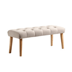 Tufted beige bench with wooden legs on a black backdrop