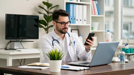 Professional male doctor in white coat with stethoscope sitting at desk, using smartphone and laptop in bright modern office. Healthcare, technology and telemedicine concept. - Powered by Adobe