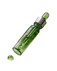 Green serum in dropper bottle with a droplet