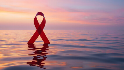 A red ribbon symbolizing aids awareness stands in the calm ocean water against a vibrant sunset sky representing hope and solidarity in the fight against hiv