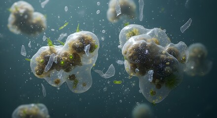 A microscopic aquatic scene with amorphous transparent forms algae  floating debris in a teal bubblefilled environment