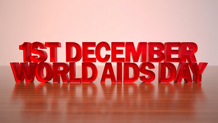 Red 3d text reading 1st december world aids day displayed on a reflective surface with a soft gradient background