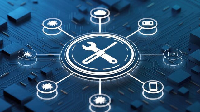 Digital Service and Solutions: A complex and interconnected network visualized through glowing icons, symbolizing technological assistance and innovative digital services.