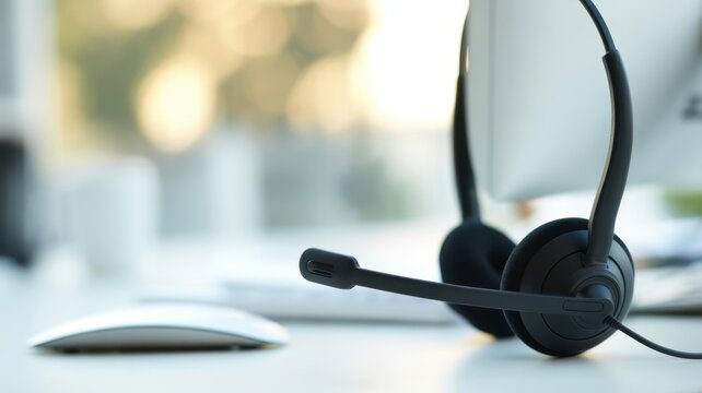 Professional Assistance Setup: A sleek headset and computer mouse sits gracefully on a clean, modern workspace, emphasizing support and clear communication.