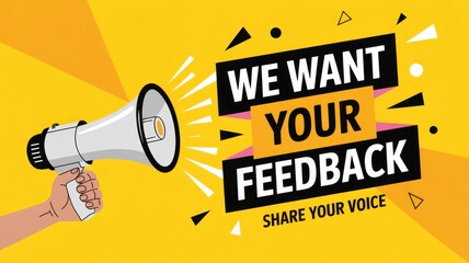Feedback Invitation: A dynamic graphic, radiating a vibrant yellow backdrop, commands attention, beckoning viewers to share their thoughts through the impactful use of a megaphone.