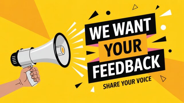 Feedback Invitation: A dynamic graphic, radiating a vibrant yellow backdrop, commands attention, beckoning viewers to share their thoughts through the impactful use of a megaphone.