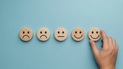 Mood Spectrum: Wooden smileys depicting a range of emotions arranged against a pastel backdrop, offering a visual representation of mood and emotional states.
