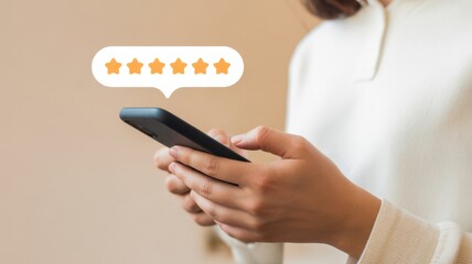Online Feedback and Rating Concept: A user provides online feedback by touching the screen of the device, represented by a five-star rating system. This emphasizes online reviews, evaluation.