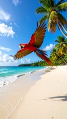 Vivid scarlet macaw takes flight over a pristine tropical beach