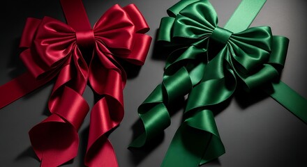 Elegant Red and Green Satin Bows on Dark Background.