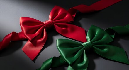Festive Red and Green Satin Bows on Dark Background.