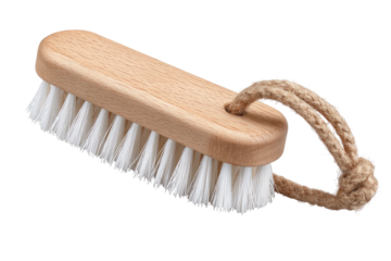 Wood-handled scrub brush w/ white bristles & twine loop