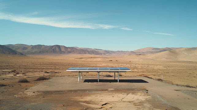 Aerial view of solar panels in a desert landscape under a clear blue sky with distant mountains - Powered by Adobe