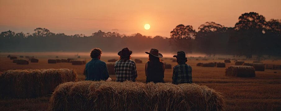 Live country music festival with cowboys in boots concept. Friends enjoy a serene sunset over a peaceful hayfield landscape.