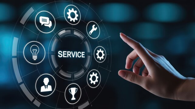 Service Center: A futuristic visual concept illustrating service, with digital icons, highlighting accessibility, and technology. A hand interact with service related icon.