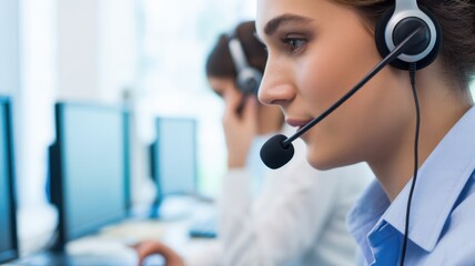 The Art of Assistance: An focused image captures a support agent, immersed in her work, delivering exceptional service, alongside a team member, showcasing the spirit of customer care