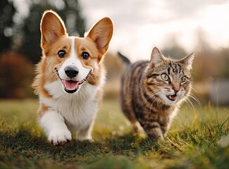 A happy corgi dog and a tabby cat running together outdoors on green grass