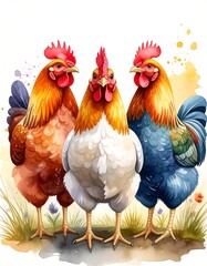 Fototapeta premium Watercolor depiction of three colorful roosters standing on grassy ground. Vivid details and hues of orange, blue, and white blend artistically