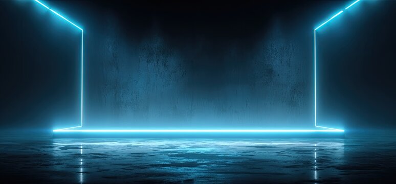 Abstract dark scene with glowing blue neon frame lights and reflective wet floor