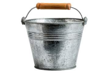 Weathered, metal bucket with a wooden handle and silver rim