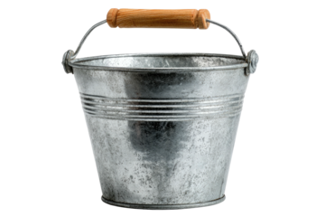 Weathered, metal bucket with a wooden handle and silver rim