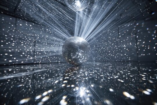 A central disco ball projects countless light beams onto a reflective, dark environment