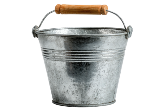 Weathered, metal bucket with a wooden handle and silver rim