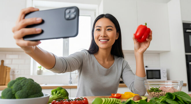 Asian woman taking selfie with vegetables, preparing healthy food at home