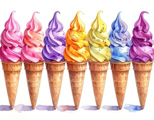 Watercolor depiction of seven vibrant ice cream cones