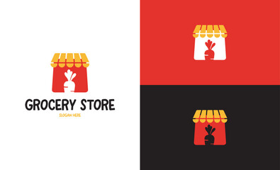 Modern grocery store logo design featuring a minimal storefront icon with a vegetable graphic, shown in multiple color variations for branding and identity use.