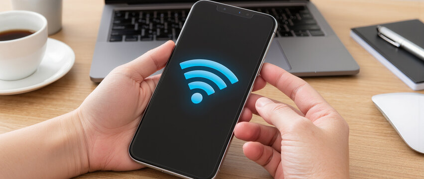 Setting WiFi of smart phone, Closeup of male hands touching smartphone screen at table