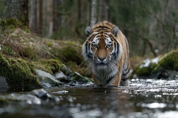 Majestic striped feline, a powerful apex predator, emerges from forest water